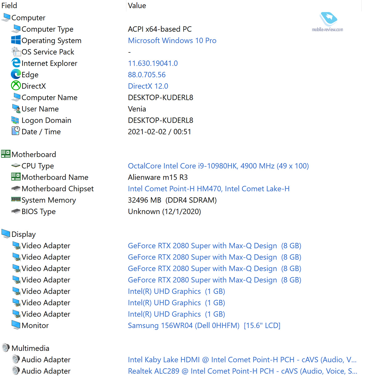  Dell Alienware m15 R3: OLED-  GeForce RTX 2080